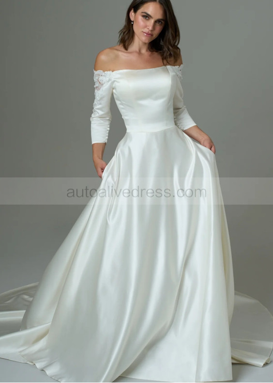 Off Shoulder Ivory Satin Lace Minimalist Wedding Dress